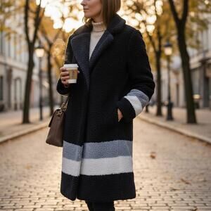 J. Crew Navy sherpa single button topcoat with blue colorblock details NWOT M